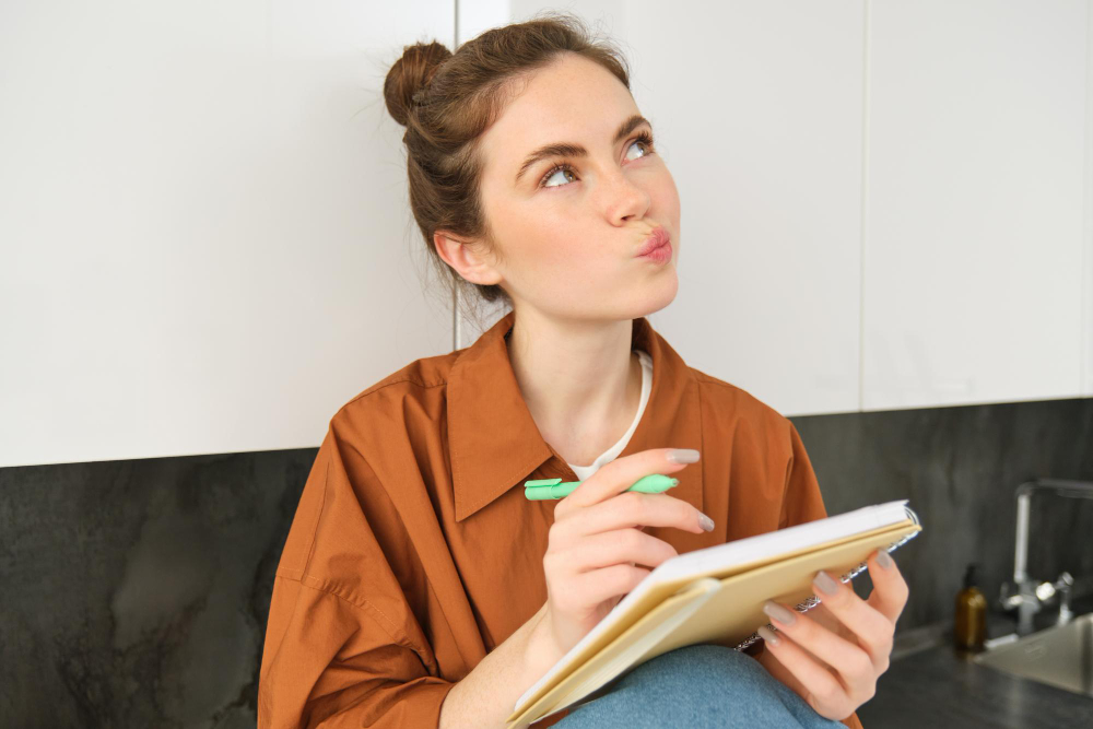 Chica pensativa organizando sus ideas de estudio en una libreta, simbolizando la planificación y la reflexión.