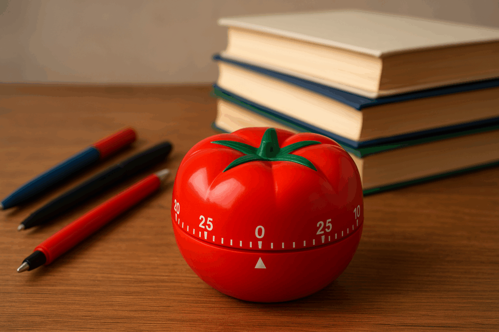 Temporizador de tomate junto a libros, simbolizando una técnica de estudio para la gestión del tiempo.
